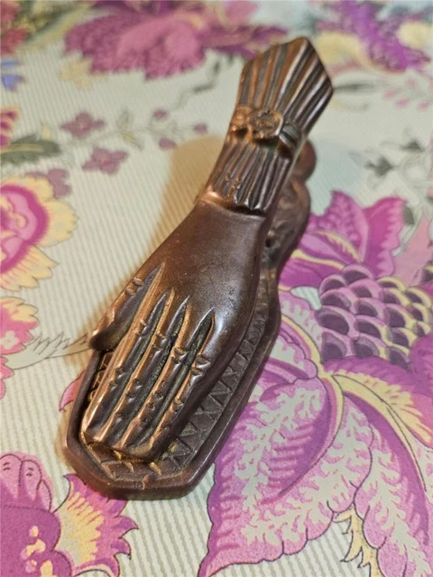 Antique Vtg Small 4.25" Brass Woman Lady Hand Door Knocker Note Holder Shabby