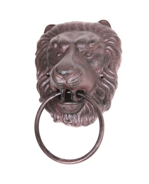 Heurtoir de porte en fonte marron tête de lion - 33 cm