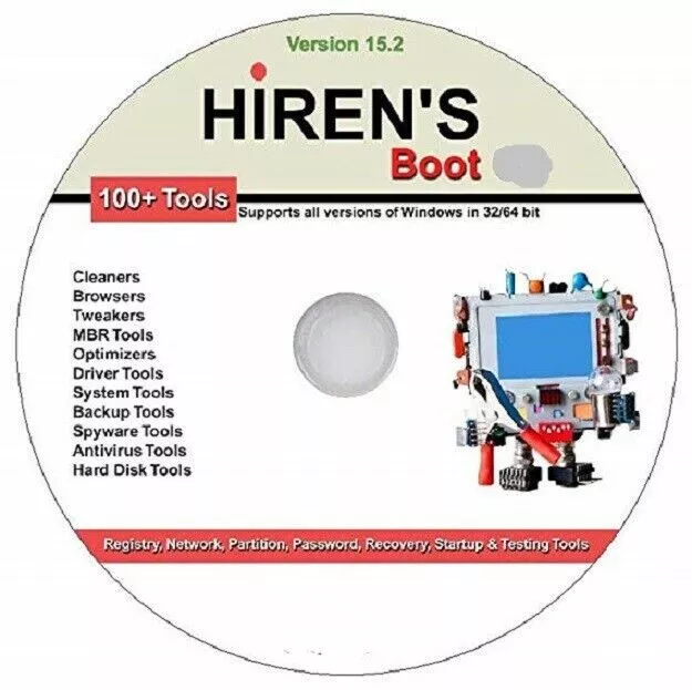 Hiren's Boot Disc On Cd For Windows Xp Vista 7 8 8.1 10 To Fix & Repair On Cd