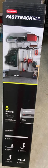 Rubbermaid Garage Storage All-in-One Rail & Hook Wall Hanging Kit - 5-Pcs. - NEW