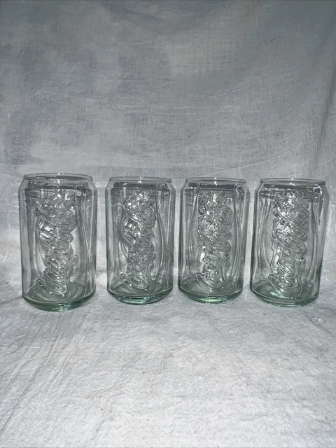 Coca Cola Glasses Set of 4 Can Shaped Green Tint 12 oz Coke Logo Embossed Bar