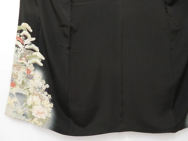 0907T04z530 Vintage Japanese Kimono Silk TOMESODE Black Flowers 4