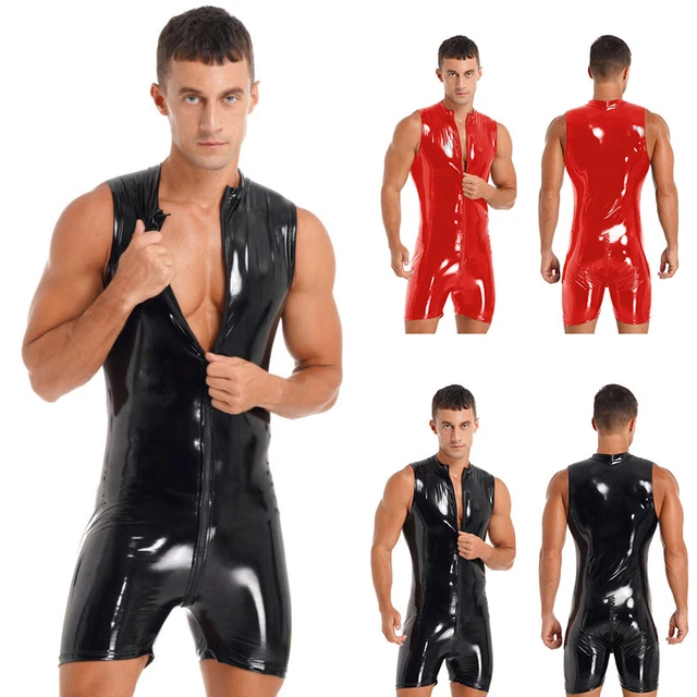 MENS ONE PIECE Wetlook Leather Front Zipper Leotard Bodysuit Jumpsuit