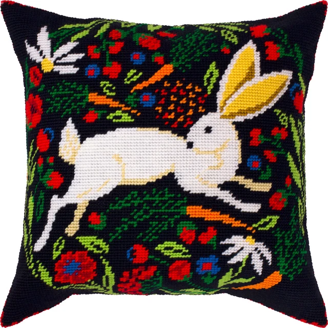 Hazlo tú mismo Kit de almohada con aguja ""Hare on Black"" 16""x16"" / 40x40 cm