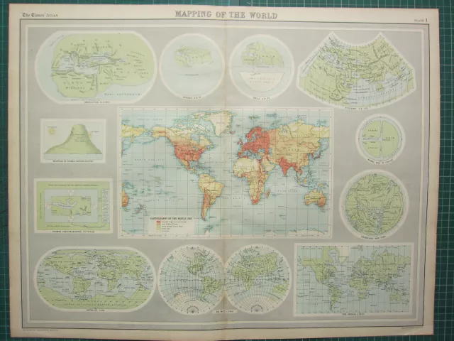 1921 Large Map ~ Mapping The World Ptolemy Wheel Map Hereford De Wet Hemispheres