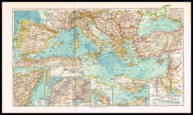 Mediterranean Sea, Italy, Greece, Spain, France, Antique German Map - 1925