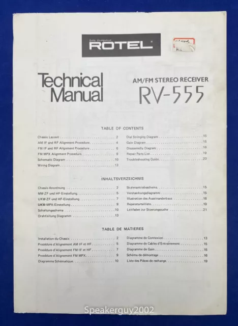 Original Rotel RV-555 Stereo Receiver Technical Manual