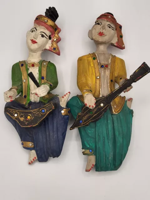 2 Vintage Hand Carved Thai Wooden Musicians Wall Hangings Made In Thailand