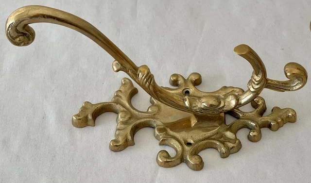 Set of 2 Vtg Antique Style Ornate Solid Brass Triple Coat Key Hat Hanger Hooks 10