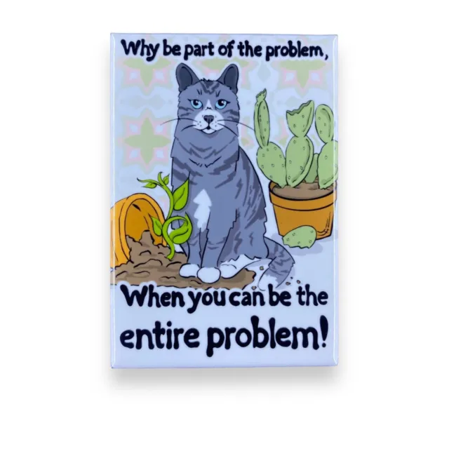 Funny Gray Tabby Cat and Plants Magnet Handmade Pet Portrait Art Decor Gift 2x3"