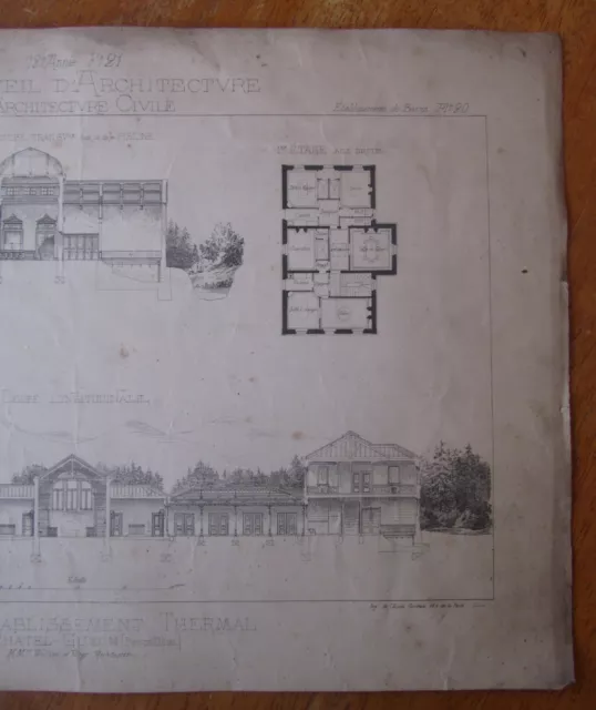 ANCIENNE PLANCHE XIXème PLAN ETABLISSEMENT THERMAL CHATEL GUYON ARCHITECTES 3