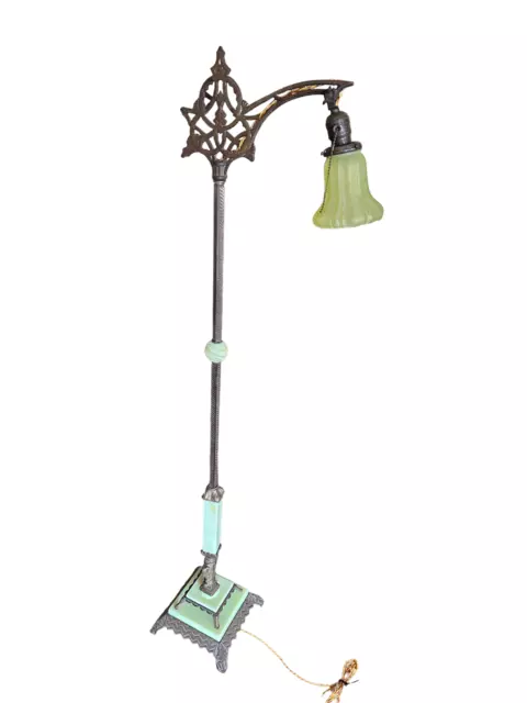 Antique Jadite Bridge Floor Lamp/Period Uranium Shade, Art Nouveau Art Deco