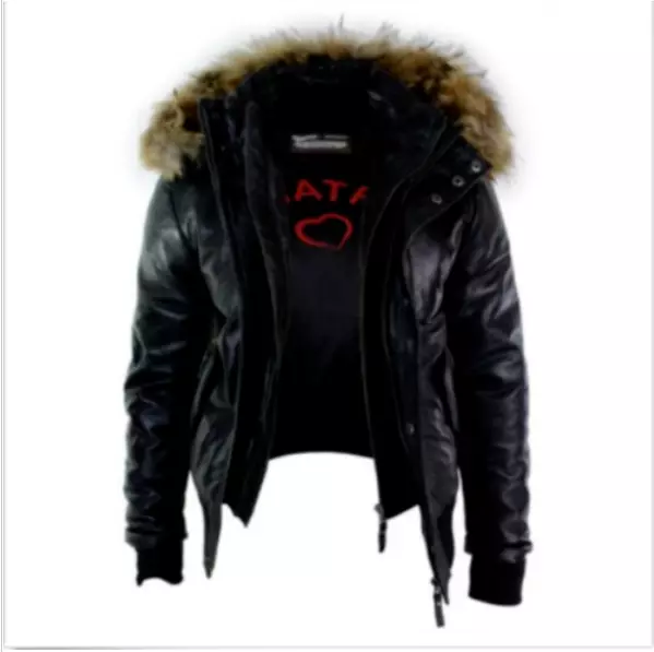 Mens Real Fur Hood Bomber Leather Jacket Black Puffer Padded