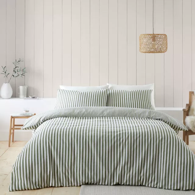 Catherine Lansfield 100% Brushed Cotton Stripe Green Natural Duvet Cover Set