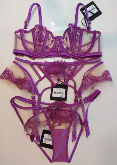 Brand New Honey Birdette Gabrielle Orchid  Bra 10C , Suspender S & Brief XS