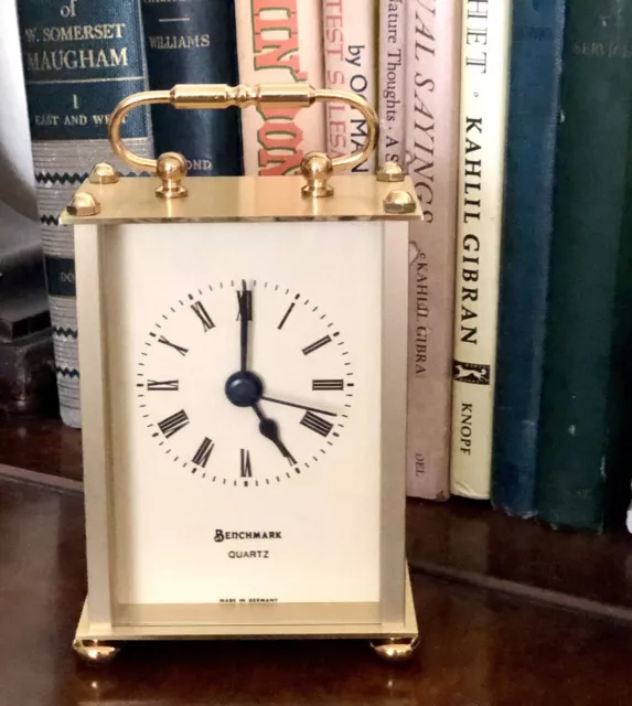 Vtg Germany Benchmark Quartz Brass Mantel Desk Clock Carriage Tested OriginalBox