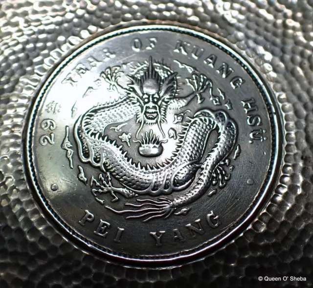 Chihli Chinese Silver Dollar Dragon 1903 Coin in Chinese White Metal Dish ~ 2