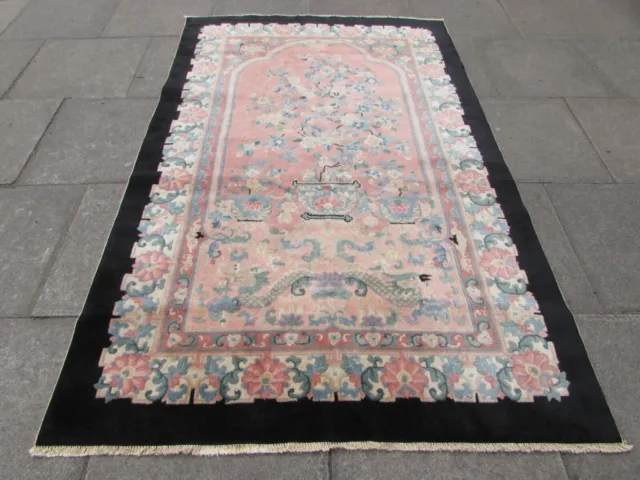 Ancien Main Fabriqué Art Déco Chinois Oriental Rose Noir Laine Tapis 240x153cm