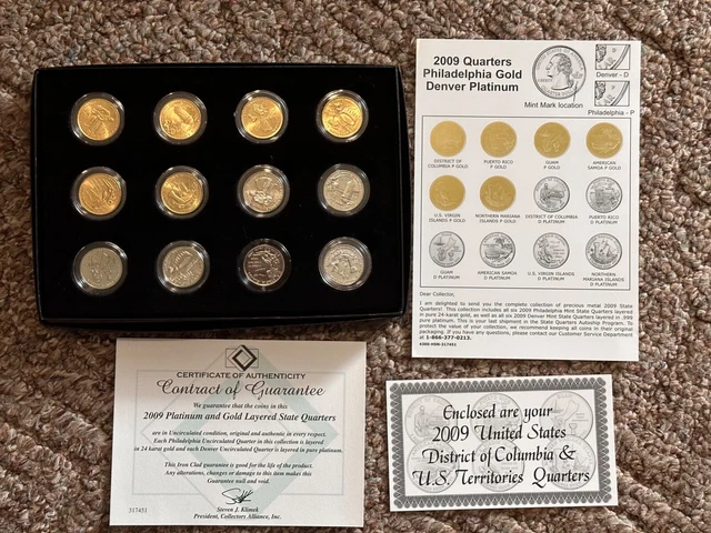 2009 Platinum & Gold Layered US DC & Territories 12 Quarters Gift Set W COA