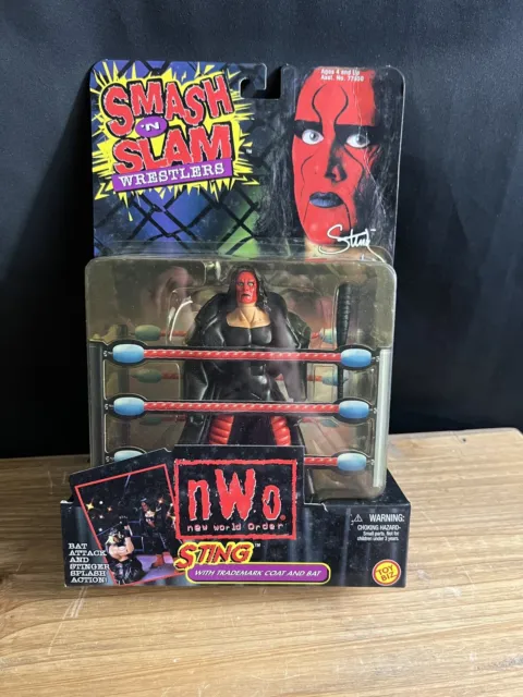 1999 New Smash 'N Slam Wrestlers Wcw Nwo Wolf Pack Sting Red Face Figure+Bat Nib