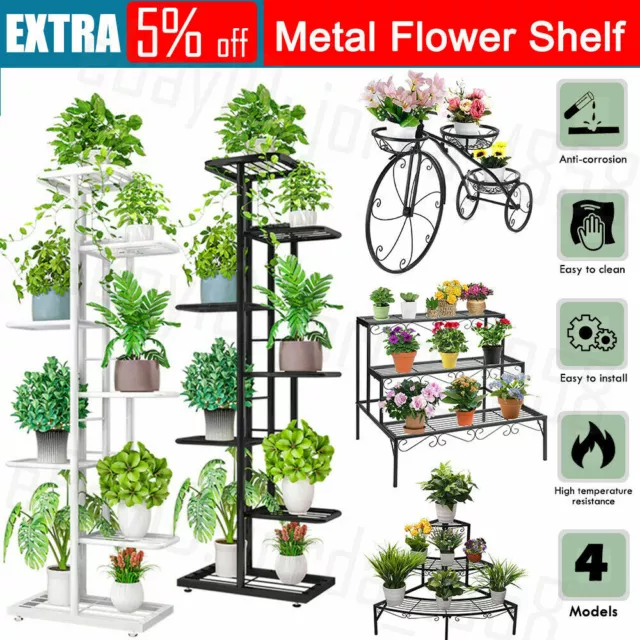 4-9 Pots Wrought Iron Rustproof Plant Stand Shelf Elegant Art Flower Holder Rack