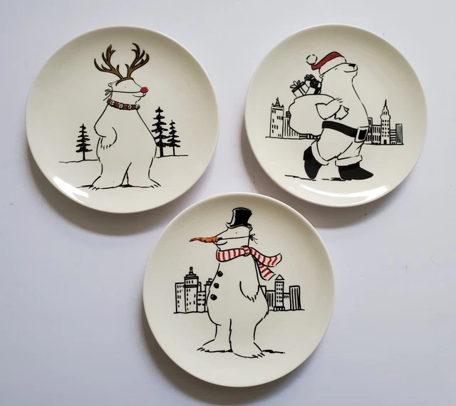 POTTERY BARN Preston Polar Bear Plates Dishes Holiday 8.25" Set 3 Snowman Santa