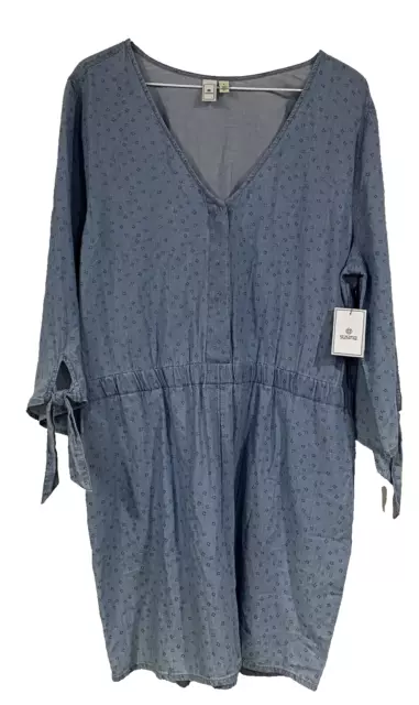 Susina Chambray Romper Women’s Size Large 36x21 Geometric Print Blue Denim