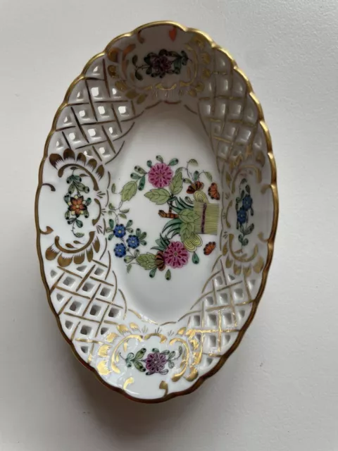 Herend Porcelain Small Oval Pierced Dish. Indian Basket. Hungary.  Perfect.