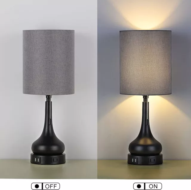 Set of 2 Bedside Table Lamp with USB Ports Fabric Shade for Bedroom Living Room