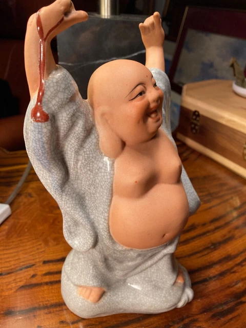 Vintage Bisque Porcelain & Crackle Glaze~Laughing/Happy Buddha Statue- 10" Tall