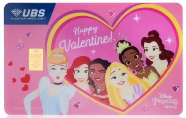 Disney Princess Solid Gold 24k Card 0.25 gr Happy Valentine Cinderella Rapunzel