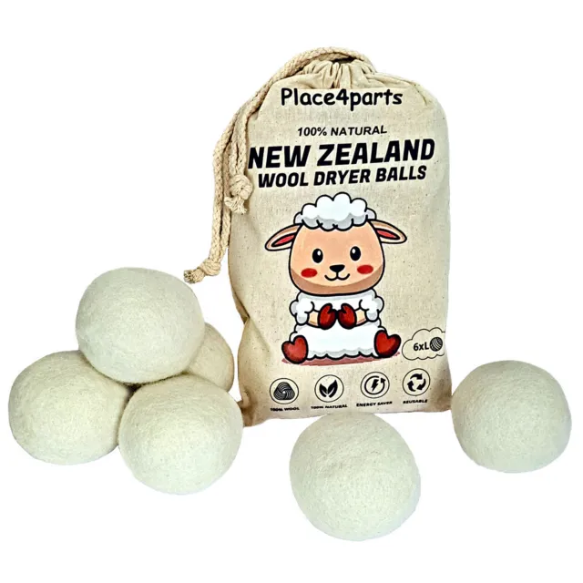 6 Large New Zealand Wool Tumble Dryer Balls Last 1000 Loads, Quicker Drying, 7cm