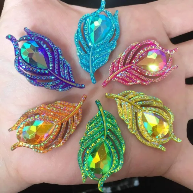 Peacock Feather Cabochons Feather embellishments  Flatback Glitter top 38mm Mix