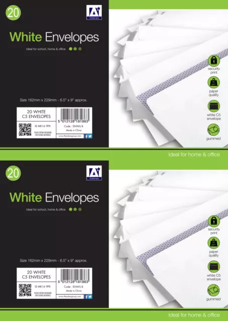 40x Anker White Gummed Home Office Post Mailing C5 Envelopes - 162mm x 229mm