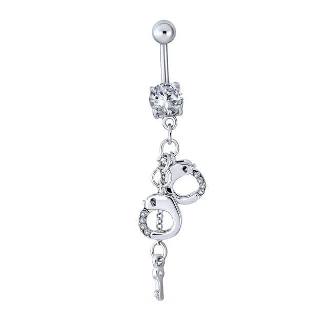 Handcuffs Key CZ Crystal Dangle Navel Belly Ring Surgical Steel