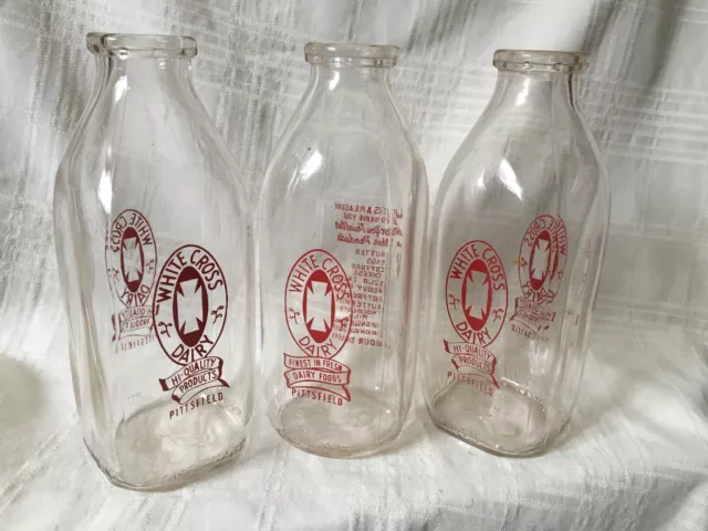 3 VINTAGE QUART Milk Bottles White Cross Dairy Pittsfield Massachusetts ...