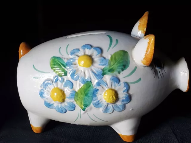 Vintage peint à la main en ITALIE poterie céramique 5 pouces cochon banque florale 2