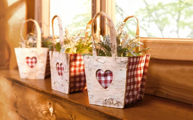 Salvare Set 3x Pflanz-Tasche " Cuore Plaid " Utensili Naturale Corteccia Betulla