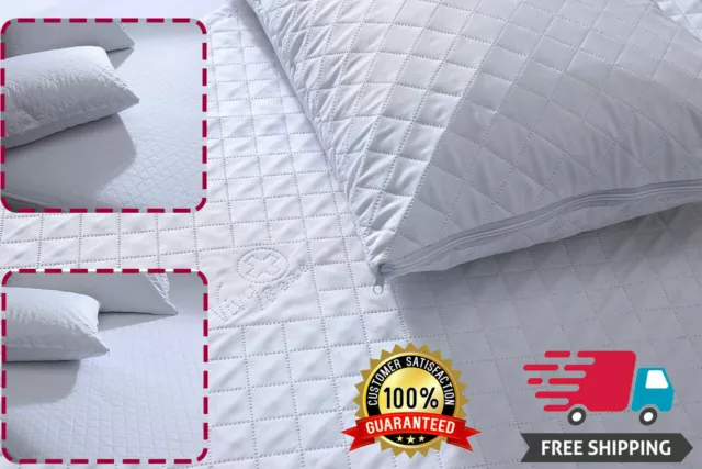 ZIPPED Quilted Pillow Protectors Luxury 2,4,6 Pack Poly Cotton Soft Pair Pillows