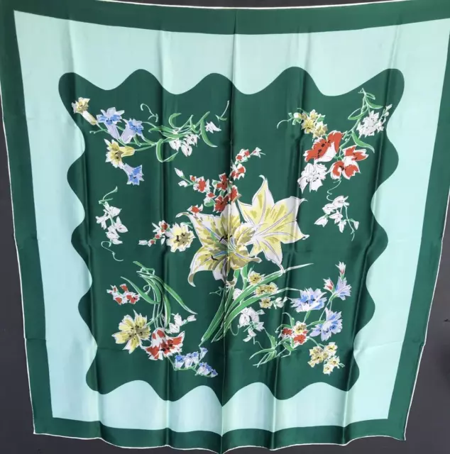 Vintage Silk Scarf 34" Emerald Green Lilies Flowers 1940s Japan Baar Beards EUC
