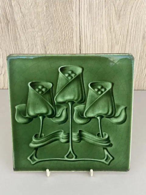 Antique Fireplace Tile Green Triple Tulips by T & R Boote Ltd C1906