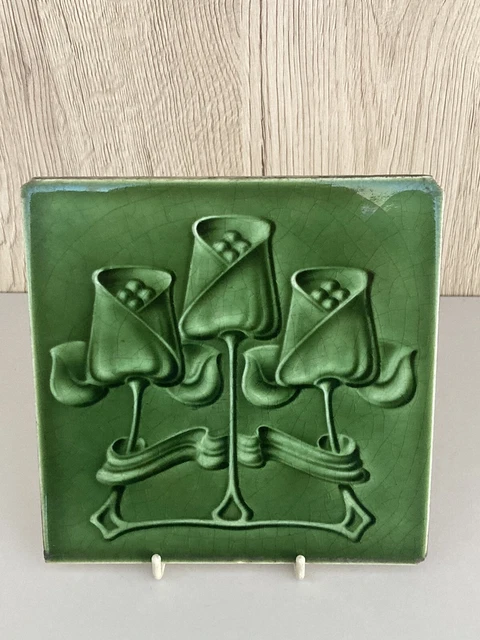 Antique Fireplace Tile Green Triple Tulips by T & R Boote Ltd C1906