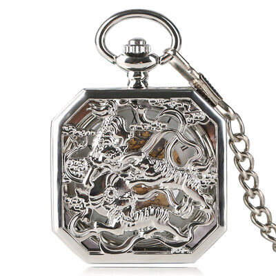 Silver Tigers Skeleton Hand Winding Mechanical Pocket Watch with Chain Men Women