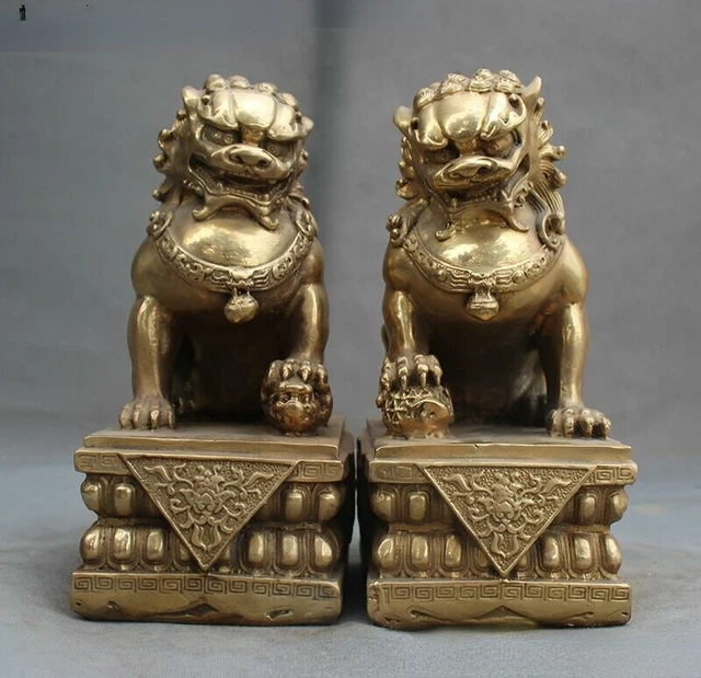 Chinese FengShui Brass Foo Fu Dog Guardion Door Lion Beast Play Ball Statue Pair