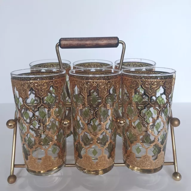 Lot of 6 Culver Valencia 22kt Gold Green Diamonds Highball Tumbler MCM and Stand