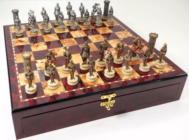 Medieval Times Crusades ARMORED KNIGHT Chess Set Cherry Color Storage Board