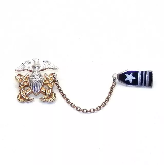 Sterling Silver USN 925 Enamel Navy Officer Emblem Tie Tack Pin Chain LTCDR