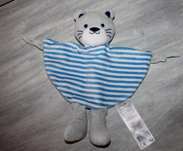 DOUDOU TOM ET KIDDY BISOUS D'ANGE CHAT PLAT GRIS RAYE BLEU BLANC GRELOT neuf