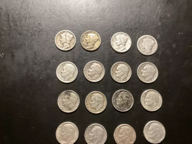 Lot Of 16 Circulated Mercury And Roosevelt Silver Dimes