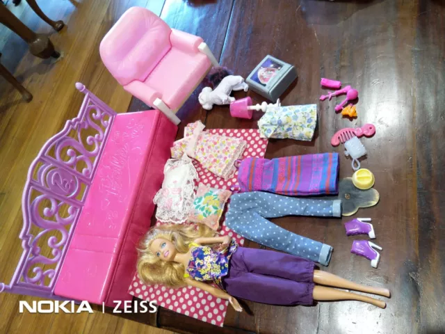 23-pc Barbie DOLL Clothes Shoes PET Dog BED Chair BlanketPillow TV Mobile LOT #2